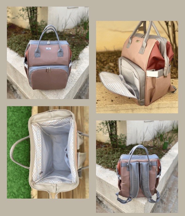 Mochila multifuncional em tons de rosa e cinza, com forro interno estampado